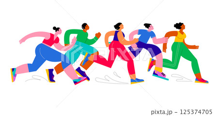 Abstract runners figures. Colorful illustration of group of people, men and women, running marathon 125374705