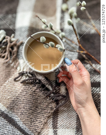 Female hand holding a cup of tea with willow branches on a plaid 125374729