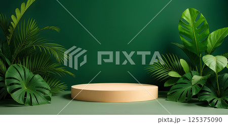 Ground level natural podium surrounded by lush greenery: calm atmosphere ideal for presentations 125375090
