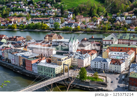 Confluence of rivers Inn, Danube and Ilz in Passau, Bavaria, Germany. The City of Three Rivers Confluence of rivers Inn, Danube and Ilz in Passau, Bavaria, Germany. The City of Three Rivers 125375214