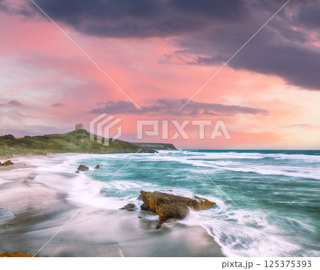 Attractive view of Capo San Marco Lighthouse on Del Sinis peninsula. Attractive view of Capo San Marco Lighthouse on Del Sinis peninsula. 125375393