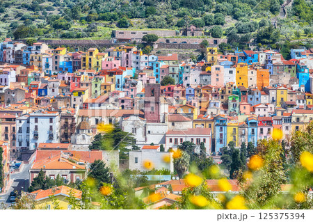 Unbelivable morning panorama of colourful houses of old town Bosa in Sardinia. Unbelivable morning panorama of colourful houses of old town Bosa in Sardinia. 125375394