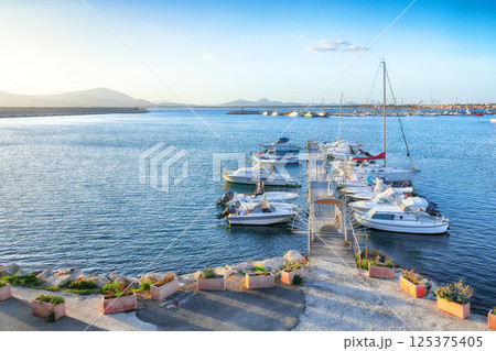 Unbelivable summer view of the Alghero Marina yacht port at the Gulf of Alghero with anchored sailboats. Unbelivable summer view of the Alghero Marina yacht port at the Gulf of Alghero with anchored sailboats. 125375405