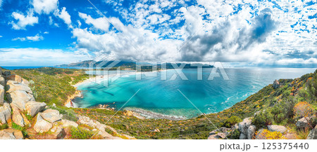 Exciting  view on Lagoon of Porto Giunco with turquoise water. 125375440