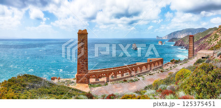 Astonishing spring view of ancient ruins of Laveria Lamarmora (Miniera di Nebida). 125375451