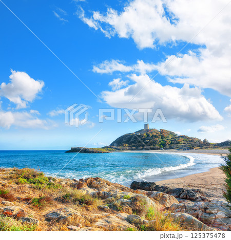 Astonishing View of beautiful Chia bay and wonderful beach with Torre di Chia tower. Astonishing View of beautiful Chia bay and wonderful beach with Torre di Chia tower. 125375478