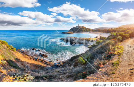 Astonishing View of beautiful Chia bay and wonderful beach with Torre di Chia tower. Astonishing View of beautiful Chia bay and wonderful beach with Torre di Chia tower. 125375479