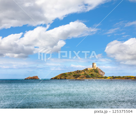 Gorgeous view on Ancient Spanish tower of Coltellazzo of Saint Efisio lighthouse at Nora archeological site Gorgeous view on Ancient Spanish tower of Coltellazzo of Saint Efisio lighthouse at Nora archeological site 125375504