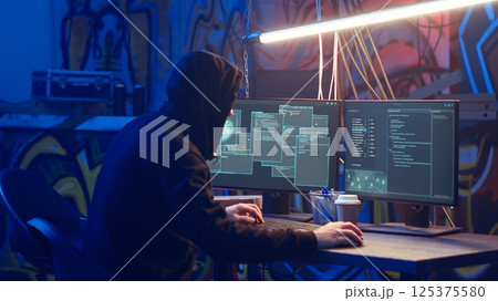 Hooded hacker arriving in hidden underground shelter, prepared to launch DDoS attack on websites. Cybercriminal starting work on script that can crash businesses servers, camera B Hooded hacker arriving in hidden underground shelter, prepared to launch DDoS attack on websites. Cybercriminal starting work on script that can crash businesses servers, camera B 125375580