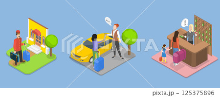 3D Isometric Flat Vector Illustration of Hotel Services, Hospitality Business 125375896