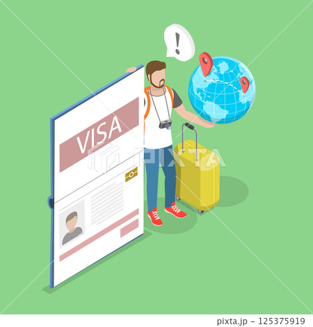 3D Isometric Flat Vector Illustration of Visa Sticker in Passport, Traveling Abroad 125375919
