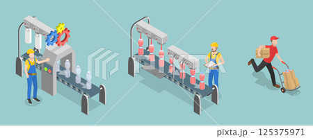3D Isometric Flat Vector Illustration of Producing of Soft Drinks , Juice Factory Processing and Packaging Line 125375971