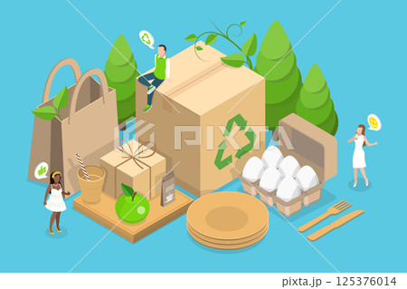 3D Isometric Flat Vector Illustration of Recyclable Sustainable Packaging, Biodegradable Materials 125376014