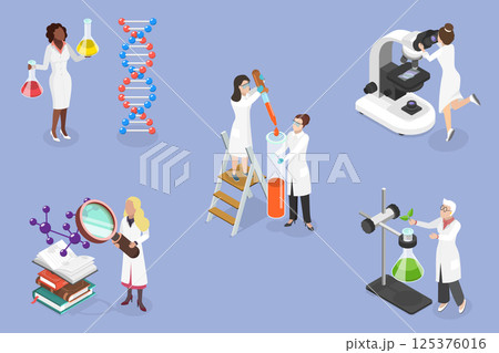 3D Isometric Flat Vector Set of Scientific Women, Science Research Scenes 125376016