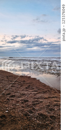 Spring landscape. Panoramic view of beautiful dawn on bay. Cumulus clouds over water in bright light. Ice, snow and rocks on coastline. Rising rays of sun are reflected in sea. Vertical photo. 125376049