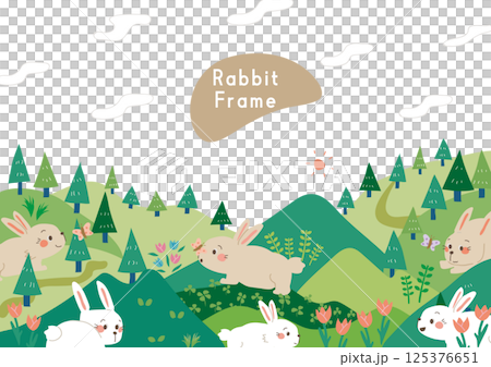 兔子框架有很多天然的花朵和綠色植物，兔子四處跑來跑去 125376651