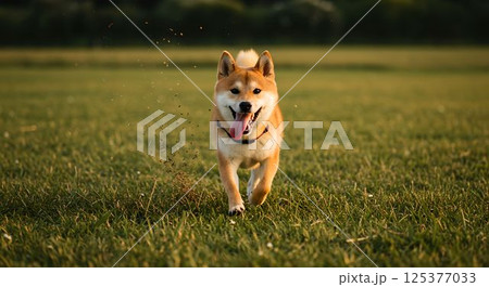 芝生を駆ける元気いっぱいの柴犬2　AI生成画像 125377033