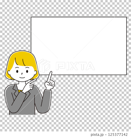 Illustration of a woman in a suit pointing at a square blank space, smiling, top right Illustration of a woman in a suit pointing at a square blank space, smiling, top right 125377142