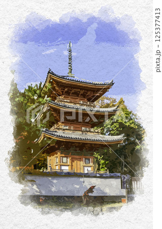 水彩画風　井山宝福寺　三重塔　岡山県総社市 125377413