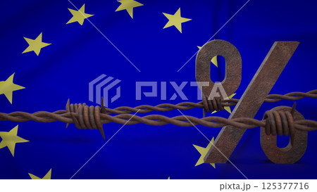 The Rusty barbed wire on EU flag for Business concept 3d Rendering. The Rusty barbed wire on EU flag for Business concept 3d Rendering. 125377716