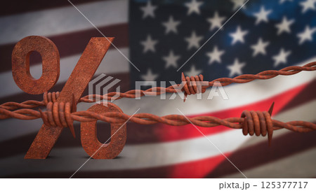 The Rusty  barbed wire on USA flag for Business concept 3d Rendering. 125377717