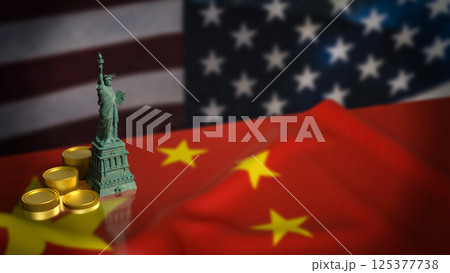The Statue of Liberty on China and America flag Background 3d Rendering. 125377738