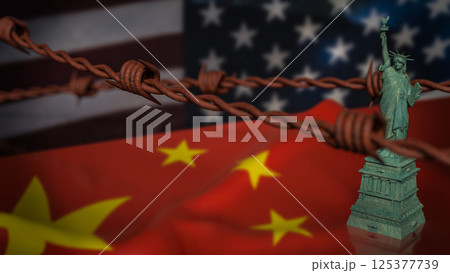 The Statue of Liberty on China and America flag Background 3d Rendering. 125377739
