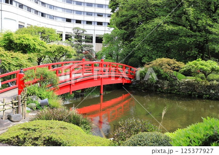 ホレルニューオータニ　赤い太鼓橋と池 125377927