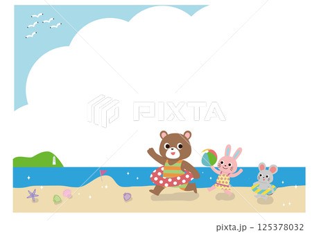 青い海と海岸ではしゃぐかわいい動物たちのフレーム 青い海と海岸ではしゃぐかわいい動物たちのフレーム 125378032