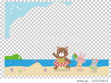 Frame of cute animals frolicking on the blue sea and the beach Frame of cute animals frolicking on the blue sea and the beach 125378032
