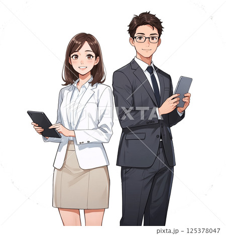 オフィスでタブレットを持つスーツ姿の男女ビジネスパーソン(背景白・透過対応) オフィスでタブレットを持つスーツ姿の男女ビジネスパーソン(背景白・透過対応) 125378047