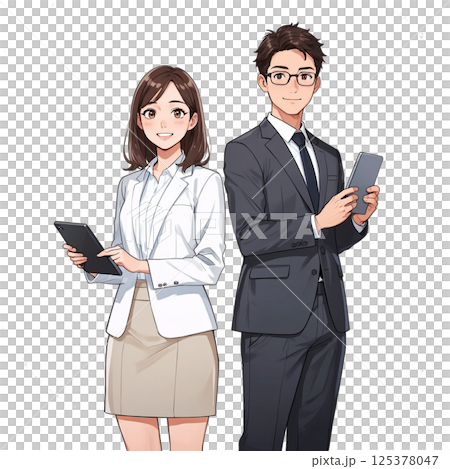 オフィスでタブレットを持つスーツ姿の男女ビジネスパーソン(背景白・透過対応) オフィスでタブレットを持つスーツ姿の男女ビジネスパーソン(背景白・透過対応) 125378047