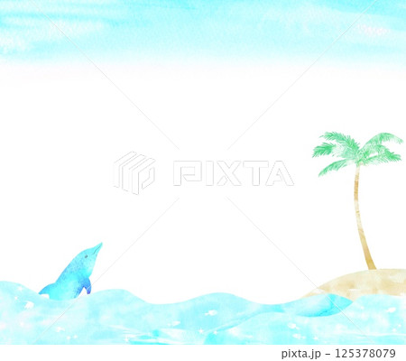 南の島と海とイルカのトロピカルフレーム。南国の爽やかな水彩イラスト。 南の島と海とイルカのトロピカルフレーム。南国の爽やかな水彩イラスト。 125378079