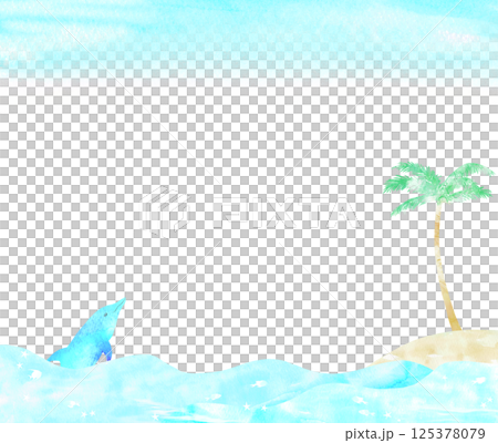 南の島と海とイルカのトロピカルフレーム。南国の爽やかな水彩イラスト。 南の島と海とイルカのトロピカルフレーム。南国の爽やかな水彩イラスト。 125378079