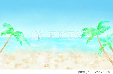 ヤシの木と青い海の風景。南国のリラックスした雰囲気のイラスト。 ヤシの木と青い海の風景。南国のリラックスした雰囲気のイラスト。 125378080