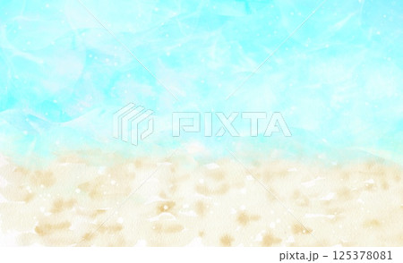 キラキラした海と砂浜の風景。波打ち際の水彩画。 125378081