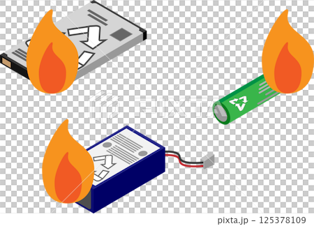 アイソメトリックな電池から発火したイメージのイラストセット 125378109