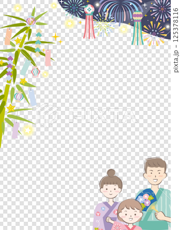 Background image of a family in yukata and Tanabata fireworks vertical 125378116