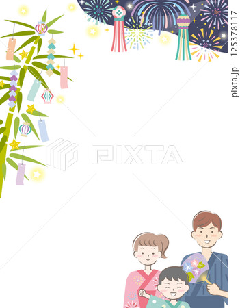 浴衣姿の家族と七夕の背景イメージ　花火　縦 125378117