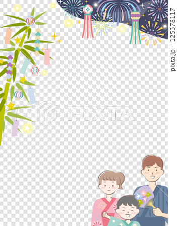 浴衣姿の家族と七夕の背景イメージ　花火　縦 125378117