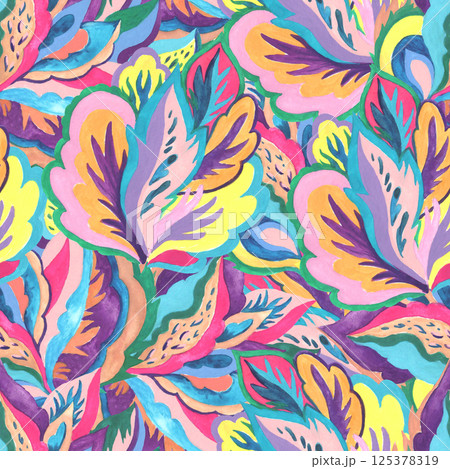 Bright colorful abstract pattern with oraganic shapes and nature elements. Hand drawn illustration 125378319