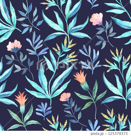 Seamless pattern with wild cute elegant abstract flowers. Watercolor hand-drawn illustration Seamless pattern with wild cute elegant abstract flowers. Watercolor hand-drawn illustration 125378373