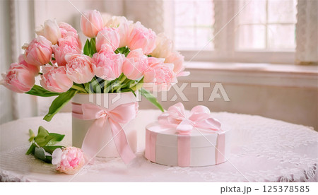 母の日のペールピンクのチューリップのお花のブーケとプレゼント 母の日のペールピンクのチューリップのお花のブーケとプレゼント 125378585