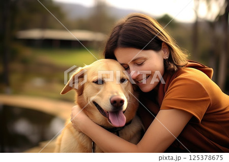Soulful Embrace Affectionate Mature Woman and Joyful Labrador Share Heartfelt Connection, Reflecting Strong Bond and Timeless Companionship in Outdoor Serenity.. created with Generative AI 125378675