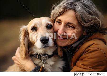 Soulful Embrace Affectionate Mature Woman and Joyful Labrador Share Heartfelt Connection, Reflecting Strong Bond and Timeless Companionship in Outdoor Serenity.. created with Generative AI 125378680
