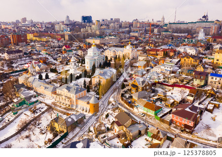 Aerial view of Voronezh historic district with Alekseev-Akatov Monastery 125378805