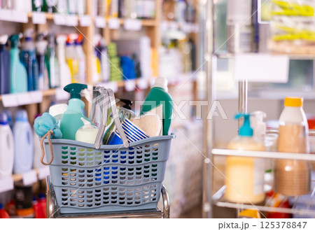 Shopping basket filled with cleaning supplies and personal care products Shopping basket filled with cleaning supplies and personal care products 125378847