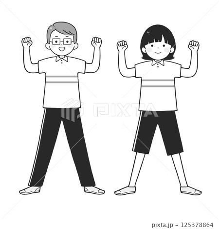 ガッツポーズする男女のモノクロイラスト ガッツポーズする男女のモノクロイラスト 125378864