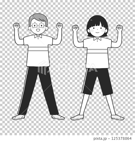 ガッツポーズする男女のモノクロイラスト ガッツポーズする男女のモノクロイラスト 125378864