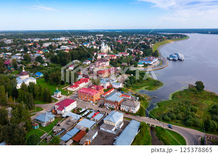 Aerial view of the city of Myshkin and Volga river. Russia Aerial view of the city of Myshkin and Volga river. Russia 125378865